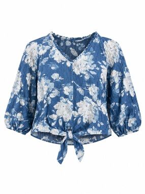 Blue Floral Tie-Front Blouse